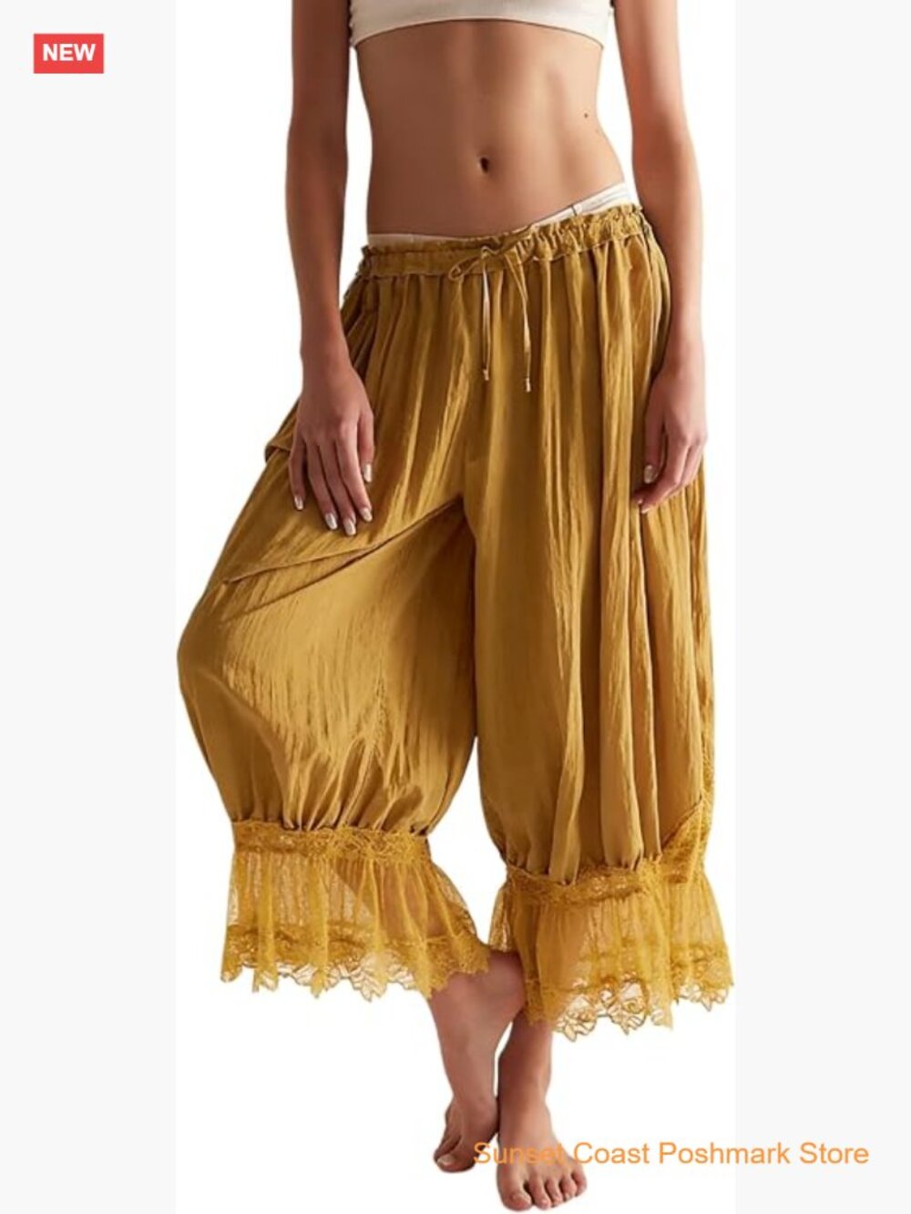 Women Ruffle Long Bloomer Y2k Lace Trim Pettipants Pantaloons Mid Rise Cropped